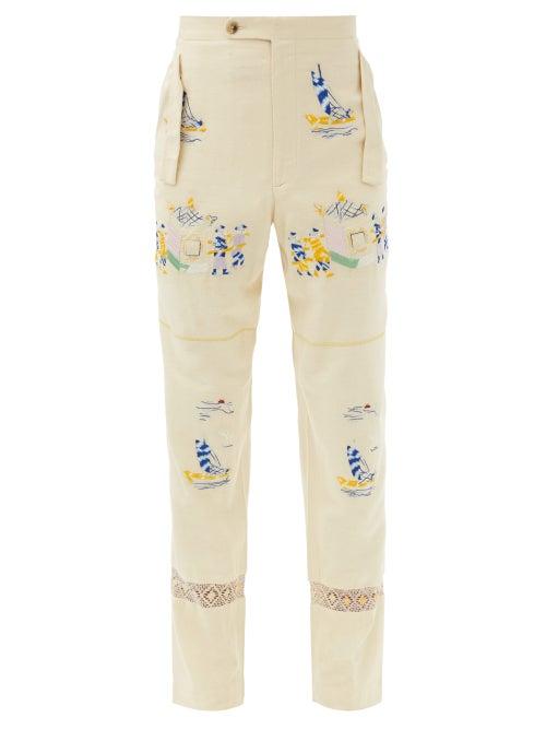 Matchesfashion.com Bode - Sailing Tableau Embroidered Upcycled-silk Trousers - Mens - Beige