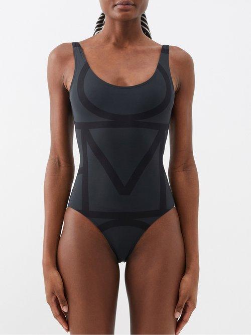 Toteme - Logo-print Scoop-neck Swimsuit - Womens - Black