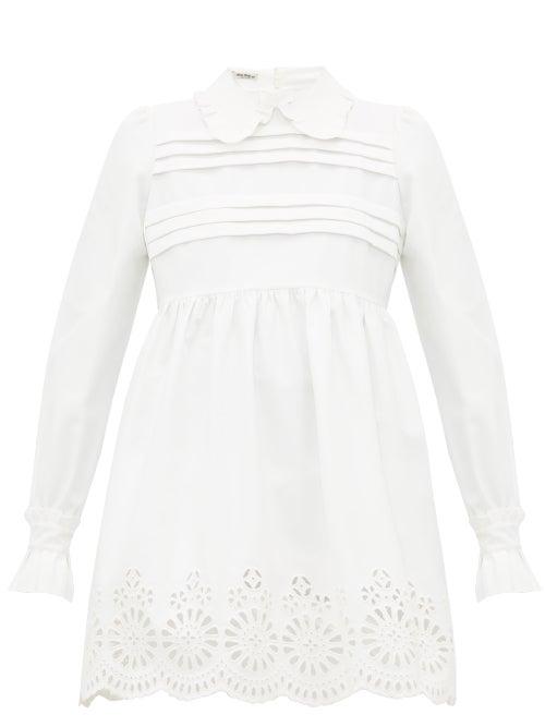 Matchesfashion.com Miu Miu - Broderie Anglaise Cotton Blend Mini Dress - Womens - Ivory