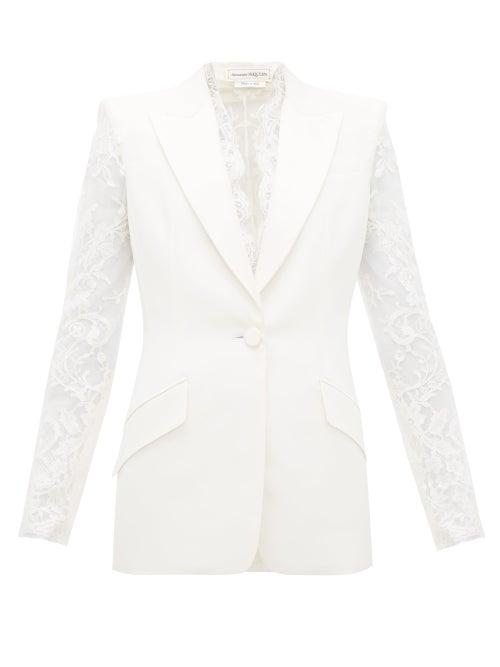 Matchesfashion.com Alexander Mcqueen - Lace Panel Single Breasted Crepe Jacket - Womens - Ivory