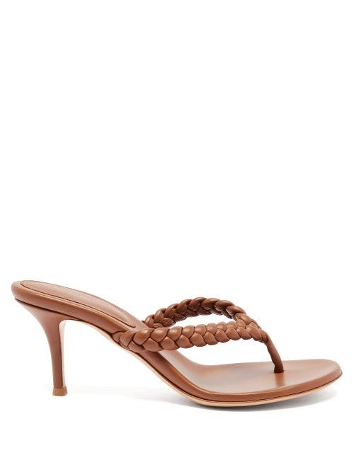 Ladies Shoes Gianvito Rossi - Tropea 70 Braided Leather Sandals - Womens - Tan