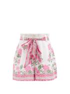 Matchesfashion.com Juliet Dunn - Paperbag-waist Floral-print Cotton Shorts - Womens - Pink White