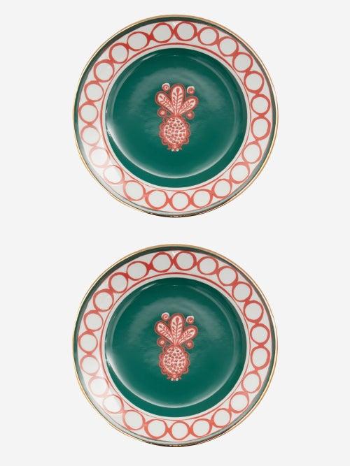 La Doublej - Set Of Two 18kt Gilded Porcelain Dessert Plates - Womens - Green Multi