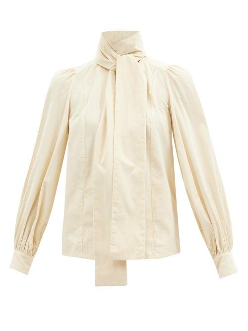 Three Graces London - Sura Neck-tie Cotton-poplin Blouse - Womens - Beige