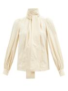 Three Graces London - Sura Neck-tie Cotton-poplin Blouse - Womens - Beige