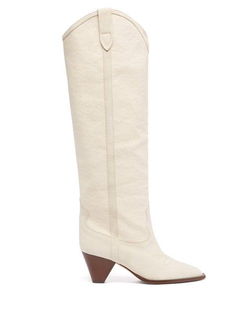 Matchesfashion.com Isabel Marant - Lihana Suede And Canvas Over-the-knee Boots - Womens - White