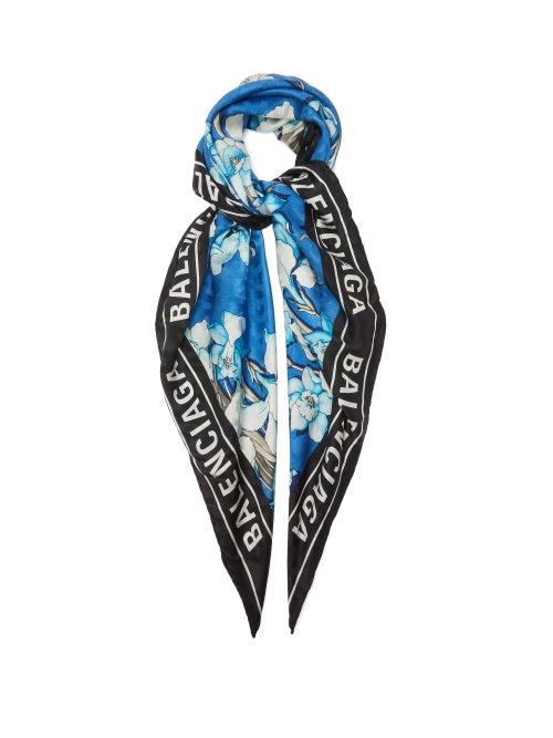 Matchesfashion.com Balenciaga - Floral And Logo-print Silk Scarf - Womens - Blue Print