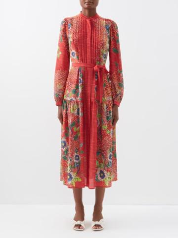 Saloni - Remi B Floral-print Silk Belted Shirt Dress - Womens - Red Multi