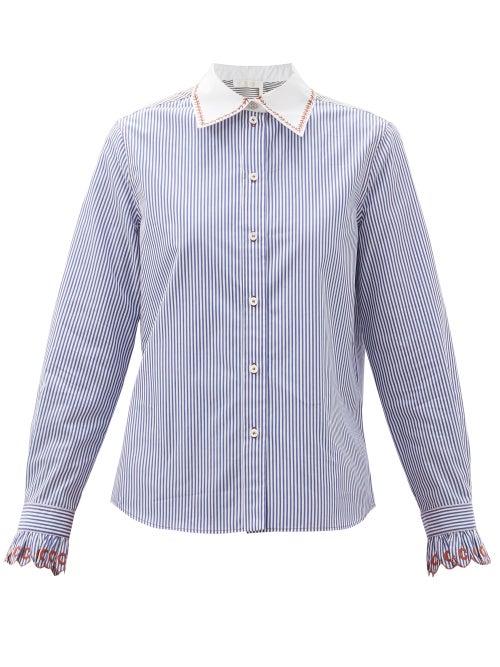 Matchesfashion.com Chlo - Embroidered And Striped Cotton-poplin Shirt - Womens - Blue White