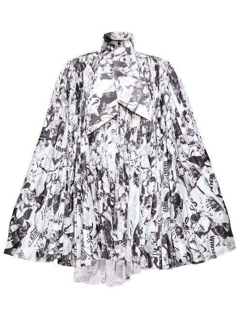 Matchesfashion.com Balenciaga - Magazine-print Pleated-satin Cape Dress - Womens - Black White