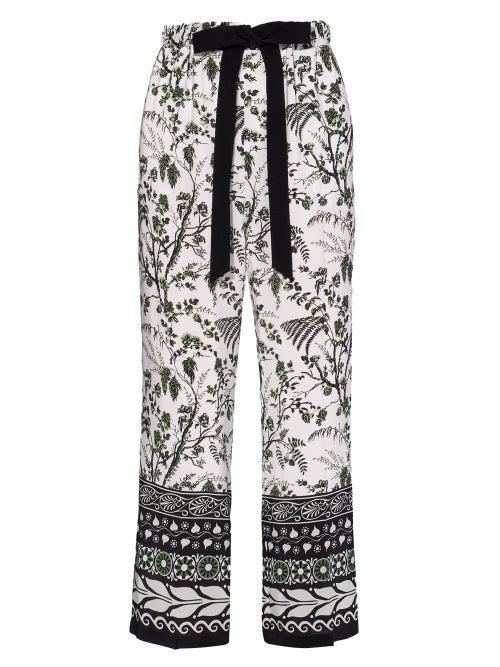 Matchesfashion.com Erdem - Horace Grosgrain-sash Crepe-de-chine Trousers - Womens - Green Print