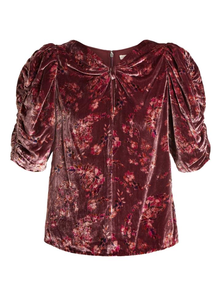 Rebecca Taylor Jewel Ruched-sleeve Floral-print Velvet Top