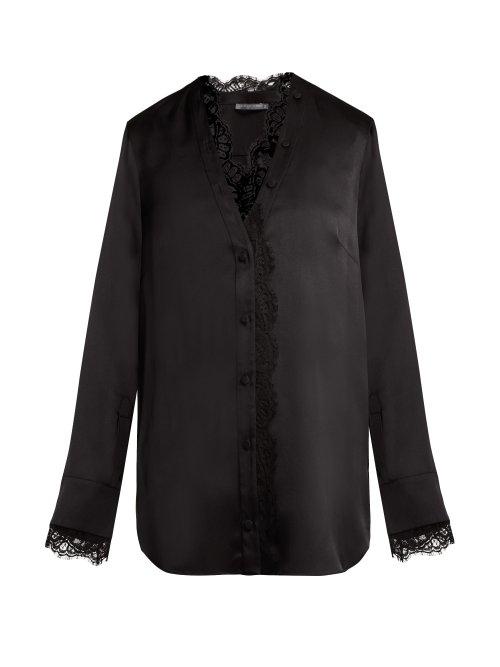 Matchesfashion.com Alexander Mcqueen - Lace Trim Silk Satin Blouse - Womens - Black