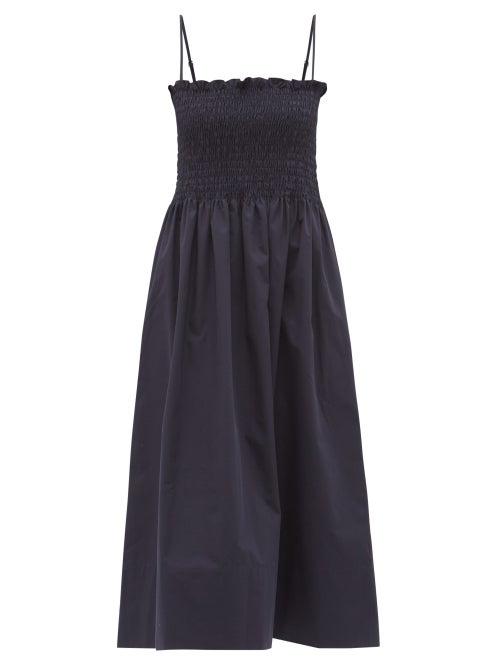 Matchesfashion.com Three Graces London - Lena Smocked Cotton-poplin Midi Dress - Womens - Navy