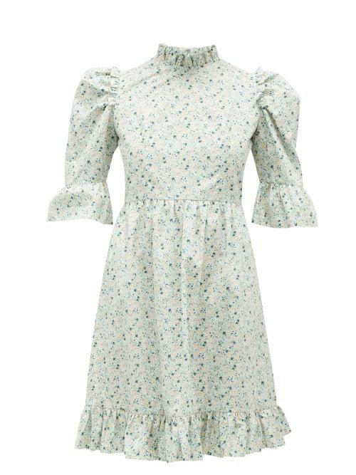 Matchesfashion.com Batsheva - Kate Ruffled Floral-print Cotton Mini Dress - Womens - Blue Multi