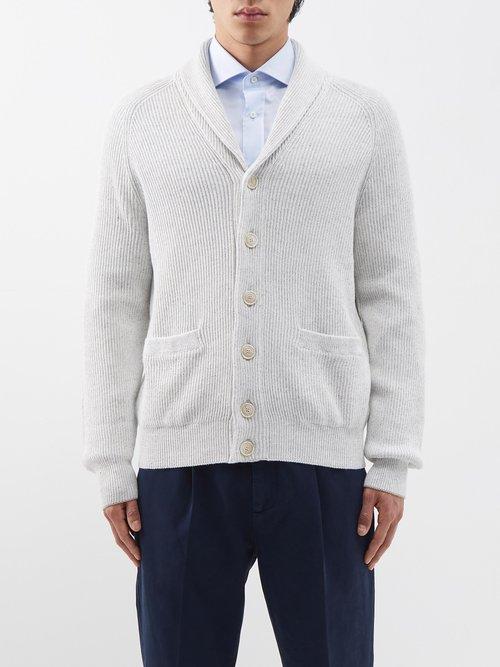Brunello Cucinelli - Shawl-neck Ribbed Cotton-blend Cardigan - Mens - Light Grey