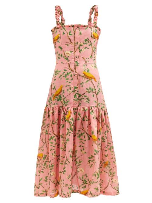 Agua By Agua Bendita - Nispero Square-neck Parrot-print Linen Midi Dress - Womens - Pink Multi