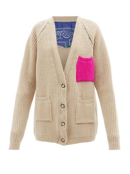La Fetiche - Valerie V-neck Ribbed Wool Cardigan - Womens - Beige Multi