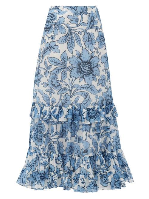 Matchesfashion.com Erdem - Danna Modotti Wallpaper Cotton-blend Skirt - Womens - Blue White