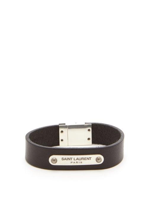 Matchesfashion.com Saint Laurent - Logo Engraved Metal Plaque Leather Bracelet - Mens - Black