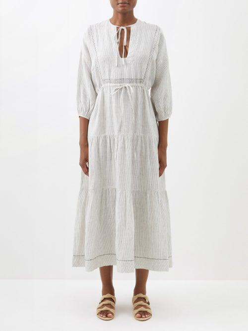 Wiggy Kit - Ines Striped Linen Midi Dress - Womens - White Black