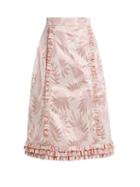 Matchesfashion.com The Vampire's Wife - Cate Leaf Jacquard Ruffle Trimmed Skirt - Womens - Pink Print