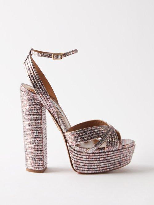 Aquazzura - Sundance Plateau 140 Metallic-leather Sandals - Womens - Pink Multi