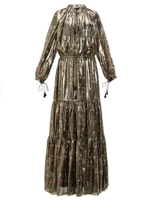 Matchesfashion.com Altuzarra - Currie Floral Print Metallic Silk Blend Gown - Womens - Black Gold