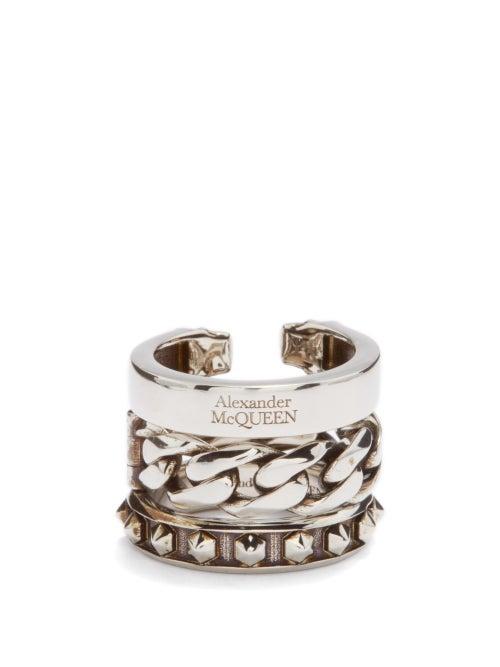 Alexander Mcqueen - Set Of Three Skull, Stud And Chain Rings - Mens - Silver