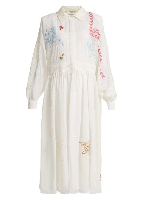 Matchesfashion.com Fendi - Embroidered Voile Dress - Womens - White Multi