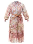 Matchesfashion.com Zimmermann - Botanica Smocked Floral-print Silk Midi Dress - Womens - Pink Print