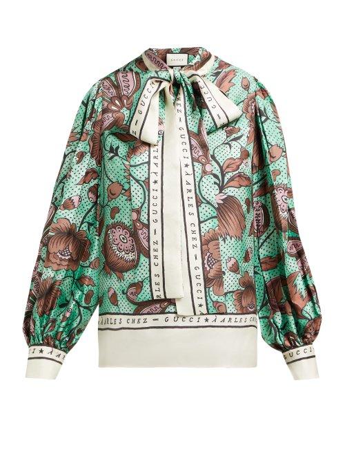 Matchesfashion.com Gucci - Alsacienne Print Pussy Bow Silk Faille Blouse - Womens - Green Multi