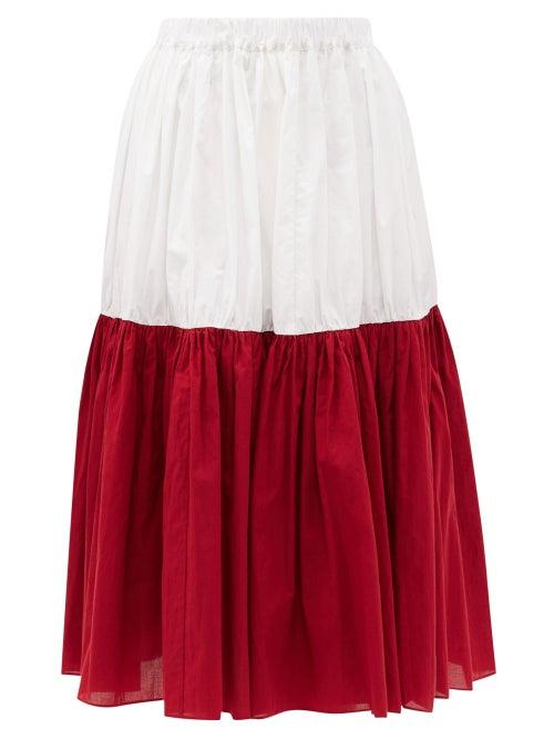 Matchesfashion.com Sara Lanzi - Bi-colour Banded Cotton-poplin Midi Skirt - Womens - Red White