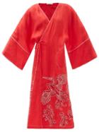 Matchesfashion.com Vita Kin - Dancing Bird-embroidered Linen Wrap Dress - Womens - Red