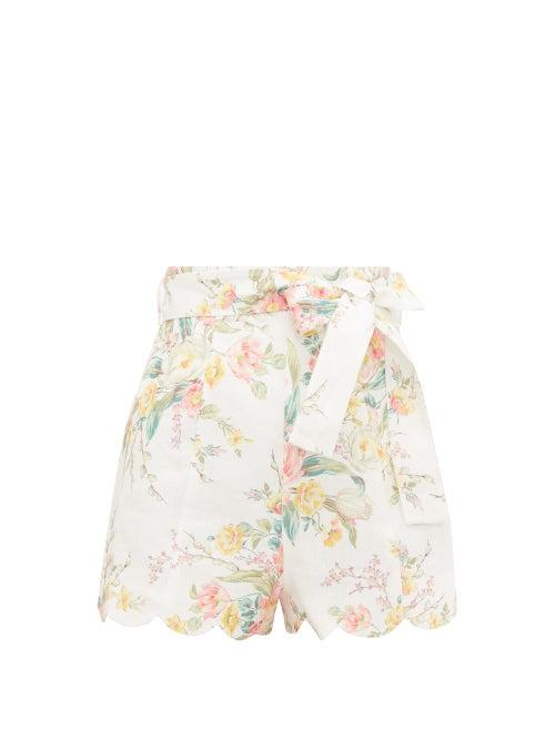 Matchesfashion.com Zimmermann - Zinnia Scalloped Floral-print Linen Shorts - Womens - Cream Print
