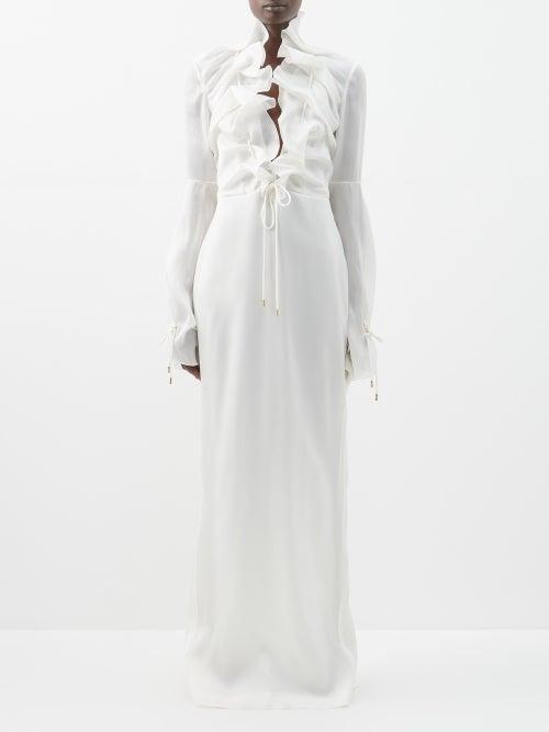 Tom Ford - Ruffled Plunge-neck Silk-satin Organza Gown - Womens - White
