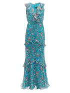 Matchesfashion.com Saloni - Rita Floral Print Silk Crepe De Chine Maxi Dress - Womens - Blue Multi
