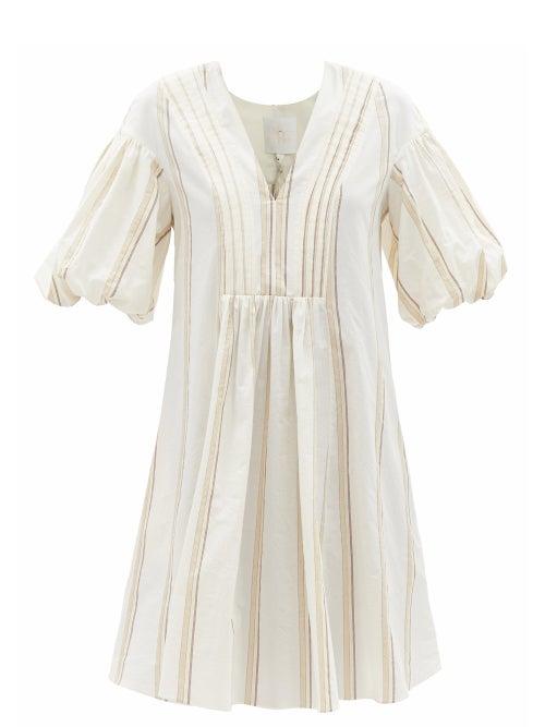 Matchesfashion.com Ssone - Tito Puff-sleeve Striped Cotton-blend Dress - Womens - Ivory Multi