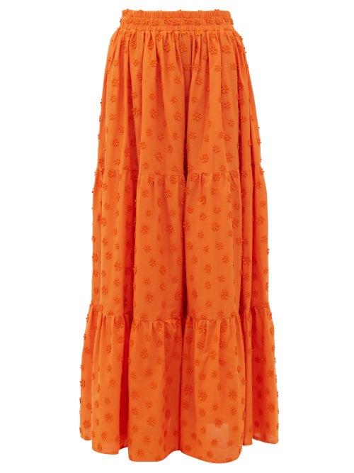 Matchesfashion.com Dodo Bar Or - Batira Floral-embroidered Cotton-poplin Maxi Skirt - Womens - Orange