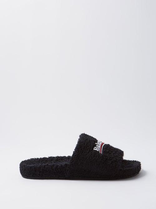 Balenciaga - Logo-embroidered Terry Slides - Mens - Black White
