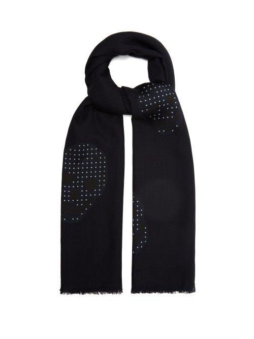 Matchesfashion.com Alexander Mcqueen - Polka Dot Skull Wool Blend Scarf - Mens - Dark Blue