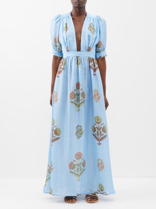 Hannah Artwear - Surya Floral-print Plunge-neck Silk Maxi Dress - Womens - Blue Multi