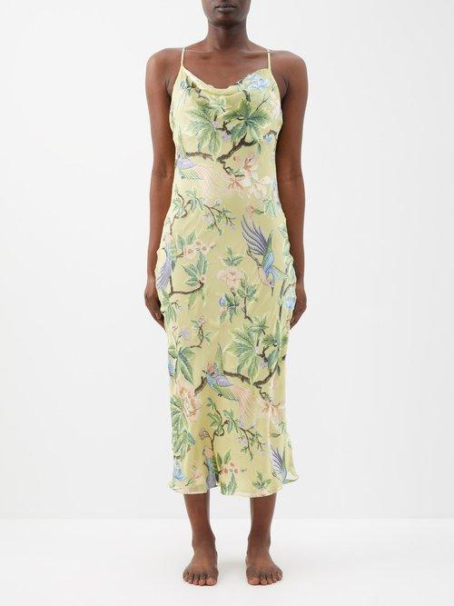 Olivia Von Halle - Bibi Silk-devor Midi Dress - Womens - Green Multi
