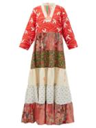 Matchesfashion.com Rianna + Nina - Vintage Patchwork-print V-neck Silk Dress - Womens - Multi