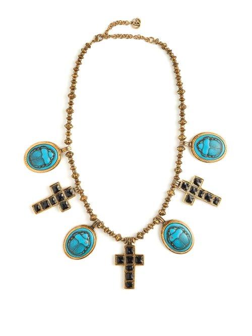 Matchesfashion.com Gucci - Beetle And Cross Pendant Bead Necklace - Womens - Blue