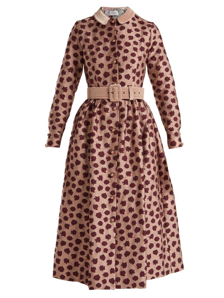 Luisa Beccaria Belted Long-sleeved Floral-jacquard Midi Dress