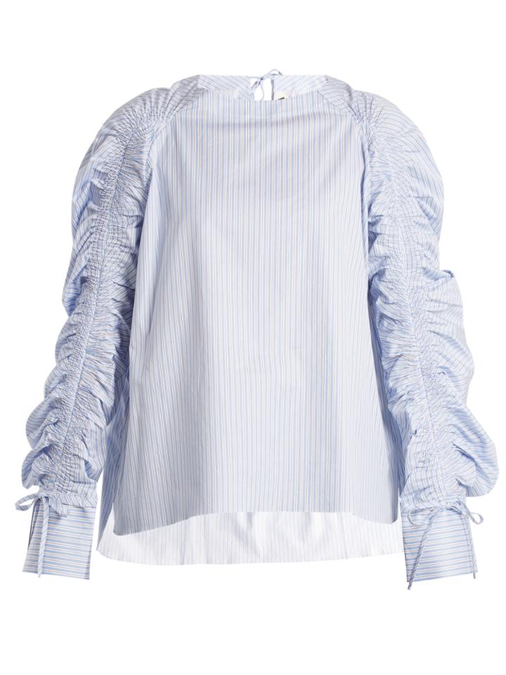 Teija Smocked-sleeve Striped Cotton Top