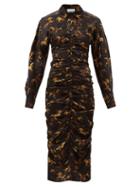 Matchesfashion.com Ganni - Ruched Horse-print Silk-blend Satin Shirt Dress - Womens - Black Print
