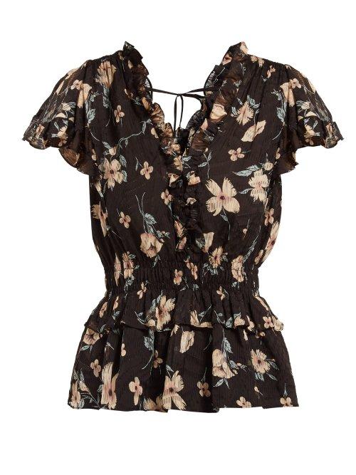 Matchesfashion.com Rebecca Taylor - Floral Print Ruffled Silk Blend Blouse - Womens - Black Multi