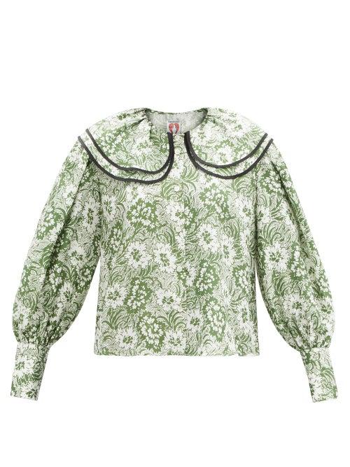 Matchesfashion.com Shrimps - Amelia Floral-print Oversized-collar Silk Blouse - Womens - Green